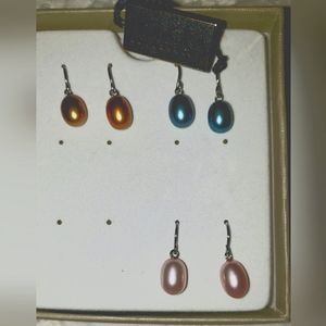 Honora Set of Three Cultured Pearl earrings. Sterling silver French Hook backing